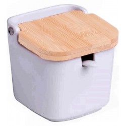 Saleiro De Mesa 9x9x8,5cm De Cerâmica Com Tampa De Bambu E Colher Bianco